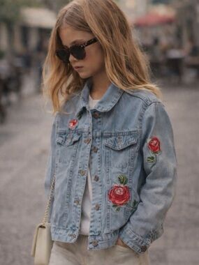 Girls Route 66 Light Blue Jean Jacket with Red Floral Embroidery (size 10/12)